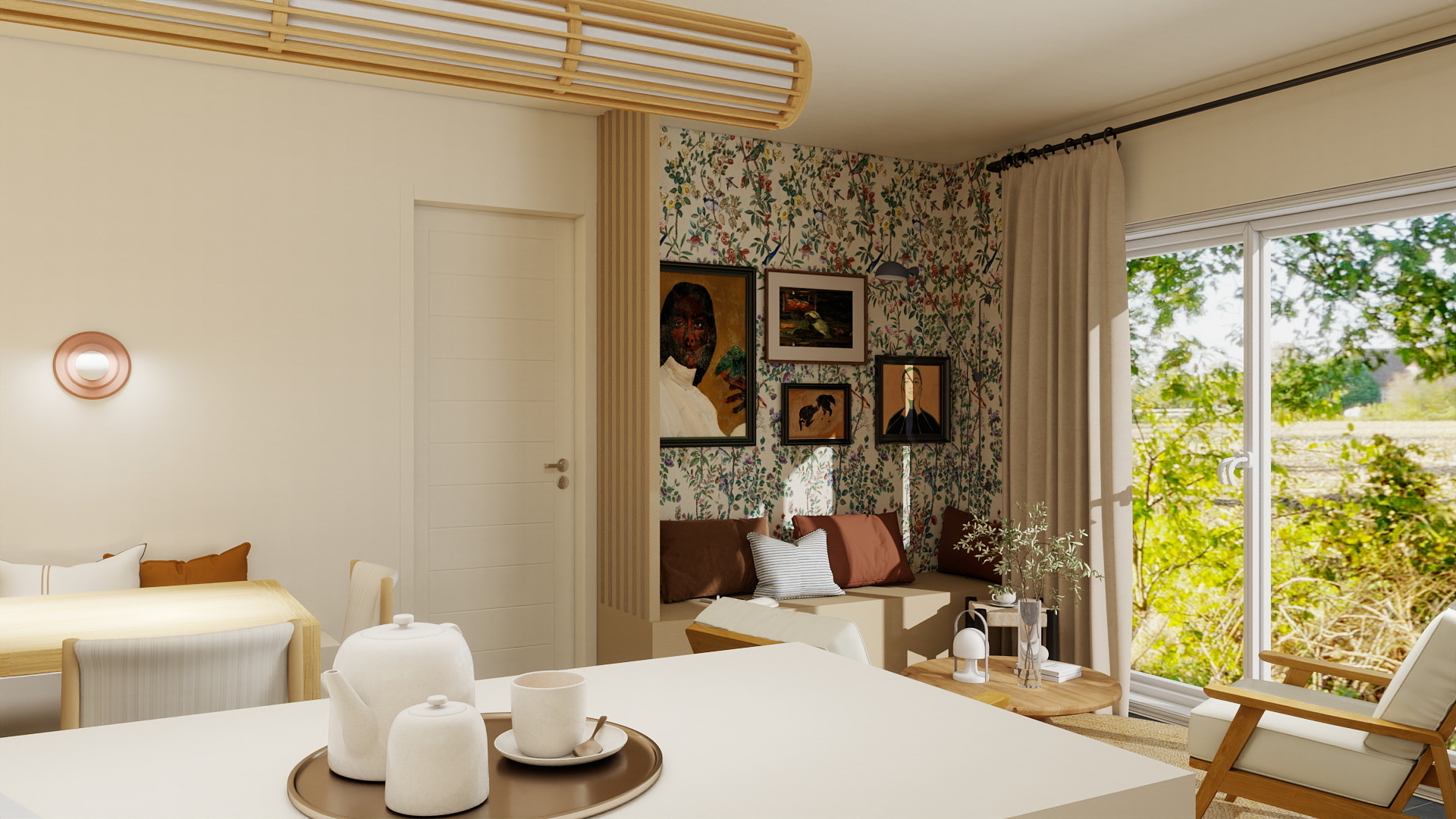 sejour cuisine salle a manger coin lecture alcove jardin zen